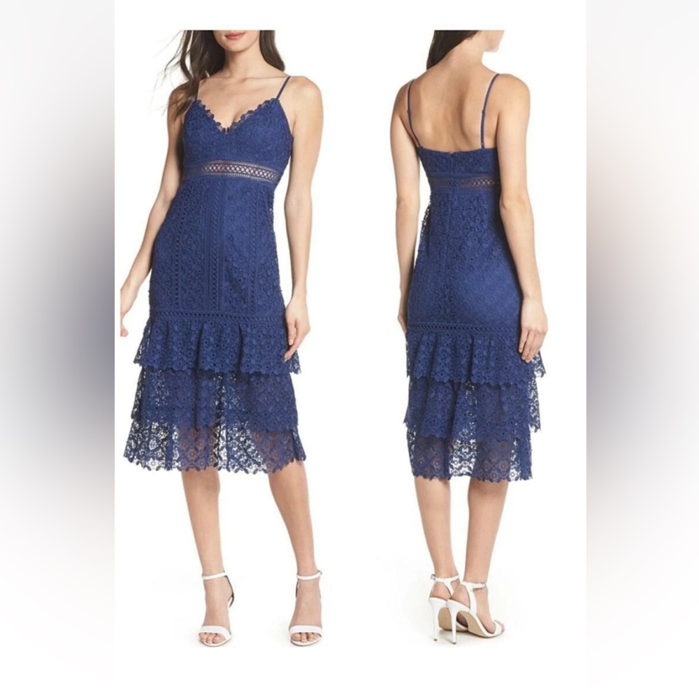 Ever New Lace Tiered Midi Dress in Deep Blue